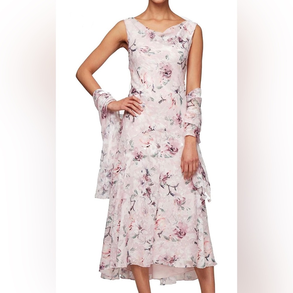 Alex Evenings Women's Sleeveless Printed Chiffon Dress with Shawl - Blush 16